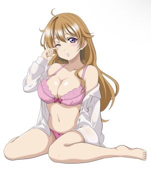 1girl ahoge barefoot blush bra breasts brown_hair cleavage collarbone commentary_request dress_shirt feet hair_between_eyes highres konoe_kanata large_breasts long_hair long_sleeves looking_at_viewer love_live! love_live!_nijigasaki_high_school_idol_club love_love_comedy navel one_eye_closed panties parted_lips pink_bra pink_panties purple_eyes rubbing_eyes shirt simple_background sitting thighs toes underwear wariza white_background white_shirt