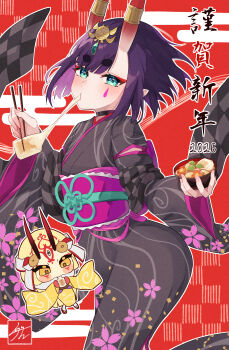 2girls absurdres blonde_hair breasts chibi chibi_inset chopsticks commentary_request eating eyeliner fate/grand_order fate_(series) food headpiece highres horns ibaraki_douji_(fate) izanaware_game looking_at_viewer makeup multiple_girls oni purple_eyes purple_hair short_hair shuten_douji_(fate) shuten_douji_(lostroom_outfit)_(fate) skin-covered_horns small_breasts yellow_eyes