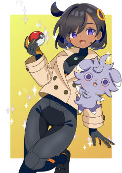 1girl :d absurdres black_bodysuit black_hair bodysuit bodysuit_under_clothes border collared_jacket commentary_request emma_(pokemon) espurr gen_6_pokemon gloves hand_up happy head_tilt highres holding holding_poke_ball jacket leg_up long_sleeves looking_at_viewer nintendo one_side_up open_mouth outside_border poke_ball poke_ball_(basic) pokemon pokemon_(creature) pokemon_legends:_z-a purple_eyes ring_hair_ornament short_hair smile soramame_(mvfn8342) sparkle tongue white_border yellow_background