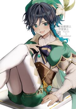 1boy aqua_gem beret blue_bow blue_bowtie blue_eyes blue_hair bow bowtie braid brooch brown_corset cape commentary_request corset double-parted_bangs flower gem genshin_impact gradient_hair green_cape green_hat green_shorts hair_between_eyes hand_on_own_chest hat hat_flower highres jewelry knees_up long_sleeves looking_at_viewer male_focus multicolored_hair open_mouth pantyhose sahi00000 shirt short_hair_with_long_locks shorts simple_background sitting smile solo trap twin_braids venti_(genshin_impact) watermark white_background white_flower white_pantyhose white_shirt