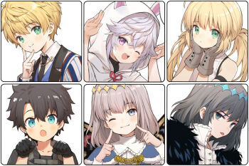 1girl 5boys animal_hood arthur_pendragon_(fate) arthur_pendragon_(formal_dress)_(fate) artoria_caster_(fate) artoria_caster_(first_ascension)_(fate) artoria_pendragon_(fate) black_eyes black_gloves black_hair black_necktie blonde_hair blue_eyes blue_vest butterfly_wings chocomirukuaji crown dual_persona empty_eyes fate/grand_order fate_(series) fujimaru_ritsuka_(male) fujimaru_ritsuka_(male)_(polar_chaldea_uniform) fur_trim gloves green_eyes grey_gloves grey_hair hands_on_own_cheeks hands_on_own_face hood insect_wings jacket medium_hair merlin_(fate) multiple_boys necktie oberon_(fate) oberon_(first_ascension)_(fate) oberon_(third_ascension)_(fate) paw_pose purple_eyes rabbit_hood smile striped_clothes striped_jacket tongue tongue_out tuxedo twintails vest white_hair wings