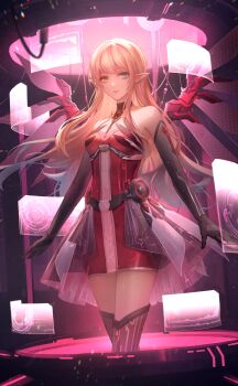 1girl artist_request bare_shoulders belt belt_buckle black_belt black_choker black_skirt black_thighhighs blonde_hair blue_eyes buckle choker cowboy_shot dress elf eyelashes feather-trimmed_dress game_cg happy hestia_(shining_nikki) heterochromia highres holographic_monitor indoors laboratory long_hair looking_at_viewer love:_signal_(shining_nikki) mechanical_arms mechanical_wings miniskirt nikki_(series) official_alternate_color official_art parted_lips pink_wings pointy_ears red_dress science_fiction shining_nikki short_dress showgirl_skirt sidelocks skirt smile solo standing strapless strapless_dress striped_clothes striped_skirt thighhighs vertical-striped_clothes vertical-striped_skirt wings yellow_eyes