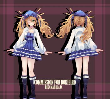 1girl 3d absurdres artist_name black_choker black_footwear blender_(medium) blonde_hair blue_dress choker commission dokibird dokibird_(retro_doki) dress english_text full_body highres indie_virtual_youtuber jacket long_hair long_sleeves looking_at_viewer one_eye_closed open_clothes open_jacket rika_mardjaja smile twintails virtual_youtuber white_jacket