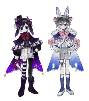 2boys animal_ear_hairband animal_ears antenna_hair asymmetrical_legwear black_boots black_bridal_gauntlets black_capelet black_eyes black_hair black_hairband black_hat black_jacket black_pantyhose black_thighhighs blue_capelet blue_socks boots bow bowtie bridal_gauntlets buttons capelet center_frills closed_mouth colored_skin commentary_request dot_mouth dot_nose double-breasted double-parted_bangs dual_persona empty_eyes fake_animal_ears frilled_capelet frills full_body fur-trimmed_capelet fur-trimmed_sleeves fur_trim gloves grey_shorts hair_behind_ear hair_between_eyes hair_bow hairband hand_on_own_hip hat hat_tip heterochromia highres holding holding_knife interlocked_fingers jacket kitchen_knife knee_boots knife lace-up_boots legs_together legwear_garter long_sleeves looking_at_viewer lop_rabbit_ears male_focus mini_hat mini_top_hat multiple_boys no_pupils omori omori_(omori) own_hands_clasped own_hands_together pantyhose pink_bow pink_bowtie puffy_long_sleeves puffy_sleeves rabbit_ear_hairband rabbit_ears raised_inner_eyebrows red_bow red_bowtie rou_(h_s_sinrin) see-through_clothes see-through_veil shirt short_hair shorts simple_background single_leg_pantyhose smile socks standing striped_clothes striped_thighhighs sunny_(omori) suspender_shorts suspenders thigh_strap thighhighs top_hat two-tone_thighhighs veil very_short_hair white_background white_eyes white_gloves white_hairband white_shirt white_shorts white_skin white_thighhighs