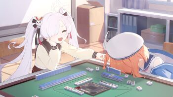 2girls arm_support artist_request blue_sailor_collar bookshelf box cardboard_box feathered_hat game_cg hair_ornament hair_over_one_eye hair_ribbon hat head_on_table headdesk highres isshiki_seibi long_hair long_sleeves mahjong mahjong_table mahjong_tile medium_hair miyake_kanna multiple_girls non-web_source official_art orange_hair rabbit_hair_ornament ribbon riichi_city sailor_collar school_uniform serafuku shirt sitting sleeveless sleeveless_shirt smile table twintails white_hair whiteboard