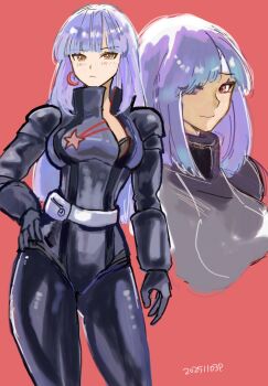 1girl black_bodysuit bodysuit breasts commentary_request crescent crescent_earrings dated earrings gundam gundam_zz hand_on_own_hip highres jewelry looking_at_viewer mecha_pilot_suit multiple_views normal_suit_(gundam) okrdisk2000 purple_hair red_background roux_louka