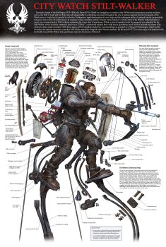 1boy absurdres arrow_(projectile) backpack bag bow_(weapon) compound_bow cross-section diagram dishonored english_text exoskeleton highres holding holding_arrow holding_bow_(weapon) holding_weapon mecha pointing_out_the_details robot solo walker_(robot) weapon whaleoil white_background