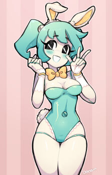 1girl android animal_ears blue_hair blue_leotard breasts colored_skin doosio highres humanoid_robot jenny_wakeman joints leotard medium_breasts metal_skin my_life_as_a_teenage_robot nickelodeon playboy_bunny rabbit_ears robot robot_girl robot_joints screw solo twintails white_skin
