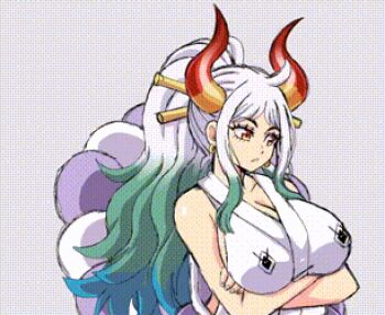 1girl ahoge animated animated_gif artist_request blue_hair blush breast_press breast_tattoo breasts breasts_out collarbone flashing green_hair grin hair_ornament haori happy horns huge_breasts japanese_clothes large_breasts long_hair lowres multicolored_hair multicolored_horns nipples one_piece shirt simple_background sleeveless sleeveless_shirt smile smiley_face solo source_request tattoo upper_body v-shaped_eyebrows wavy_mouth white_background white_hair yamato_(one_piece) yellow_eyes