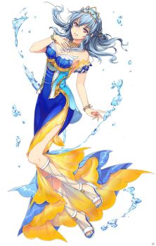 Rule 34 | 1girl, akatsuki no kiseki, bare arms, blue dress, blue hair, blue nails, bracelet, breasts, claire rieveldt, cleavage, diadem, dress, eiyuu densetsu, floating hair, full body, grin, highres, jewelry, long dress, looking at viewer, medium breasts, nail polish, official art, red eyes, sandals, sen no kiseki (series), sen no kiseki i, short hair, side slit, simple background, sleeveless, sleeveless dress, smile, solo, tachi-e, third-party source, toenail polish, toenails, white background