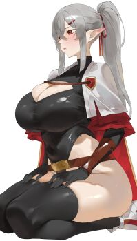 1girl absurdres belt black_leotard blush breasts brown_belt byeon_dha cape capelet character_request cleavage cleavage_cutout clothing_cutout copyright_request grey_hair hair_ornament hairclip highres large_breasts leotard long_hair pointy_ears ponytail red_cape red_eyes short_hair simple_background sitting solo wariza white_background white_capelet