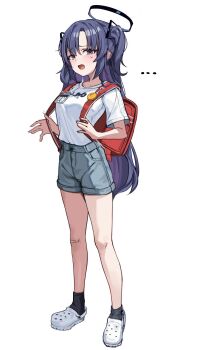 ... 1girl backpack bag blue_archive crime_prevention_buzzer crocs embarrassed furrowed_brow gusim halo highres id_card long_hair looking_at_viewer open_mouth purple_hair randoseru shirt shorts socks solo sweatdrop t-shirt two_side_up white_shirt yuuka_(blue_archive)