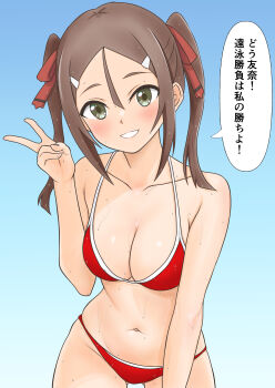 1girl absurdres bare_arms bare_shoulders bikini blush breasts brown_hair collarbone commentary_request gluteal_fold green_eyes grin hair_between_eyes hair_ribbon hand_up highres looking_at_viewer man12sikata-04 medium_breasts miyoshi_karin navel red_bikini red_ribbon ribbon sidelocks smile solo speech_bubble stomach swimsuit translation_request twintails v water_drop wet yuuki_yuuna_wa_yuusha_de_aru yuusha_de_aru