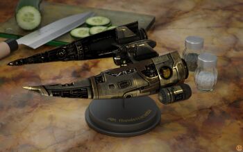 3d amarr_empire_(eve_online) combat_ship_(eve_online) commentary cucumber cucumber_slice emblem english_commentary eve_online food frigate_(eve_online) glowing highres imperial_navy_(eve_online) imperial_navy_slicer_(eve_online) knife military_vehicle miniature navy_faction_(eve_online) no_humans pepper_shaker photorealistic realistic salt salt_shaker spacecraft table urviech vegetable vehicle_focus