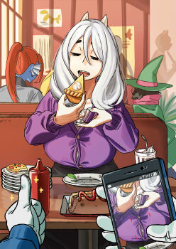 3boys 3girls absurdres alphys animal_ears bear_ears behind_another black_eyes black_skirt blue_jacket blue_scales blue_skin booth_seating breasts button_gap buttons cellphone_photo chief_undyne coat colored_skin cream cup dating deltarune eating eyebrows fake_phone_screenshot fake_screenshot fang fangs fingernails fish_girl fish_scales food glasses gloves goat_boy goat_ears goat_horns green_coat green_headwear hair_tie half-closed_eyes hands_up hat highres horns hot_dog indoors jacket ketchup large_breasts long_ears long_hair long_sleeves looking_down multiple_boys multiple_girls open_mouth phone pie pink_scarf pizza pizzapants_(character) plate police police_uniform ponytail pov pov_dating pov_hands purple_shirt ralsei ralsei_(hat) red_hair restaurant sans_(undertale) scales scarf shadow sharp_fingernails shirt shota skirt solo_focus straw table teacher thumbs_up toriel tree undertale undyne utdr_(toby_fox) vegetable wall white_gloves white_hair white_horns window witch_hat yellow_skin zooming_in