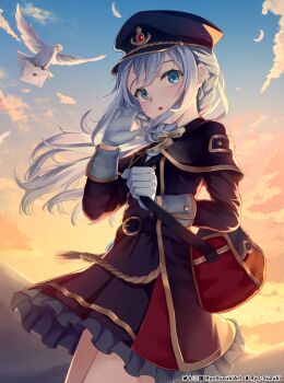 Rule 34 | 1girl, absurdres, backlighting, bag, belt, bird, black belt, black coat, black hat, black skirt, blue eyes, blush, bow, bowtie, buttoned cuffs, buttons, cloud, cloudy sky, coat, dove, dragalia lost, evening, gloves, gold trim, grey hair, hat, highres, holding, holding bag, letter, long hair, looking at viewer, mailbag, mailman, nape braid, noelle (dragalia lost), open mouth, peaked cap, pleated skirt, ryo-suzuki, skirt, sky, standing, striped bow, striped bowtie, striped clothes, sunset, twilight, white gloves, wrist cuffs