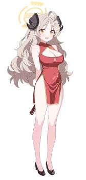 1girl :d absurdres ahoge alternate_costume arms_behind_back bare_shoulders black_horns black_shoes blue_archive blush breasts brown_hair china_dress chinese_clothes chinese_commentary cleavage cleavage_cutout clothing_cutout commentary_request covered_navel curled_horns demon_girl demon_horns dot_nose dress fluffy_hair folded_fan folding_fan forehead full_body halo hand_fan high_heels highres holding holding_fan horns izumi_(blue_archive) jyt large_breasts long_hair looking_at_viewer open_mouth parted_bangs pelvic_curtain red_dress second-party_source shoes side_slit simple_background sleeveless sleeveless_dress smile solo standing tachi-e transparent_background very_long_hair yellow_eyes yellow_halo