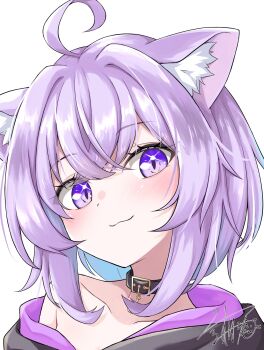 1girl ahoge animal_ear_fluff animal_ears black_choker black_jacket blush cat_ears cat_girl choker close-up closed_mouth collarbone commentary_request hair_between_eyes highres hololive jacket looking_at_viewer medium_hair mochizuki_hull nekomata_okayu nekomata_okayu_(1st_costume) signature simple_background smile solo white_background