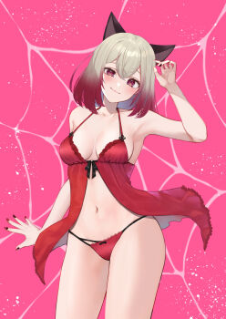 1girl animal_ears babydoll black_bow black_nails bow breasts closed_mouth collarbone commission gradient_hair grey_hair hand_up head_tilt highres medium_hair multicolored_hair multicolored_nails navel original panties pink_background pink_panties purple_eyes ramachiru red_babydoll red_hair red_nails silk skeb_commission solo spider_web two-tone_nails underwear