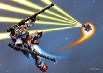 battle bazooka_(gundam) beam_cannon commentary_request dual_wielding exhaust finger_cannon firing flying gundam holding mecha mecha_focus mobile_armor mobile_suit mobile_suit_gundam nakamura_jun&#039;ichi no_humans one-eyed robot rx-78-2_gundam science_fiction signature space star_(sky) v-fin weapon yellow_eyes zeong