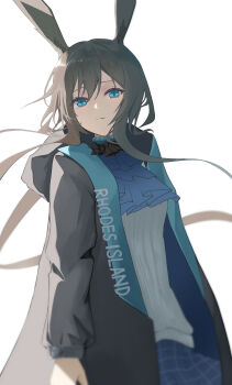 1girl amiya_(arknights) animal_ear_fluff animal_ears arknights black_jacket blue_eyes blue_skirt brown_hair closed_mouth commentary_request floating_hair hachimin8_(shrine_kyo) hair_between_eyes highres hood hood_down hooded_jacket jacket long_hair long_sleeves looking_at_viewer plaid_clothes plaid_skirt pleated_skirt puffy_long_sleeves puffy_sleeves rabbit_ears shirt simple_background skirt solo very_long_hair white_background white_shirt