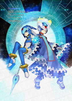 1boy 1girl android armor blue_eyes blue_helmet blue_robe blue_thighhighs breasts crop_top cyber_elf_x_(mega_man) fairy_leviathan_(mega_man) fins forehead_jewel full_body gem halo head_fins helmet highres holding holding_polearm holding_weapon humanoid_robot mega_man_(series) mega_man_zero_(series) polearm robe robot robot_girl solo thighhighs watermark weapon x_(mega_man) yamanashi_taiki