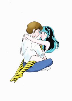 1boy 1girl amamorituyuko animal_print ben-day_dots bikini blue_pants boots brown_hair cone_horns couple eyelashes highres horns hug indian_style knee_boots leg_lock long_hair looking_at_another lum moroboshi_ataru pants pointy_ears print_bikini print_boots screentones shirt short_hair signature sitting swimsuit tiger_print urusei_yatsura white_shirt