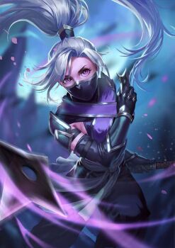 1girl artist_request blurry blurry_background breasts covered_mouth full_body game_cg holding holding_sheath long_hair miragine_war ninja official_art pink_eyes sheath shione_(miragine_war) shuriken solo source_request weapon white_hair