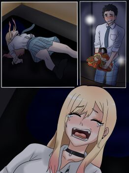 1boy 1girl black_choker black_hair blonde_hair blush choker closed_eyes commission crying flugel_0 gojou_wakana highres implied_masturbation kanojo_okarishimasu kazuya_crying_(meme) kitagawa_marin long_hair meme necktie netorare nose_blush one_eye_closed open_mouth pants parody second-party_source shirt skirt sono_bisque_doll_wa_koi_wo_suru tears what