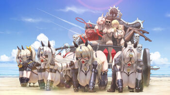 Rule 34 | 1boy, 6+girls, animal ears, babydoll, ball gag, bdsm, beach, black babydoll, black thighhighs, blinders, blonde hair, blue eyes, bondage, bound, breasts, cart, censored, character request, contrail, cupless babydoll, day, demon tail, dress, erection, fake animal ears, gag, gag harness, gagged, grabbing another's breast, groping, handjob, harem, harness, highres, horse ears, huge breasts, human dog, large penis, long hair, medium breasts, multiple girls, nipple chain, nipple tassels, nipples, no shoes, ocean, outdoors, penis, pet play, pony play, ponytail, qingmingtongzi, red dress, short hair, sitting, skull ornament, slave, tail, thighhighs, warship girls r, wiffle gag