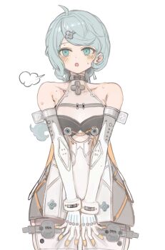 1girl absurdres bare_shoulders blue_eyes blue_hair blush braid braided_ponytail clothing_cutout collarbone detached_sleeves flower_hairpin formal_clothes fuyu_yafunu gloves hair_ornament hairpin highres long_hair looking_to_the_side mole mole_on_shoulder open_mouth see-through_dress_layer seed_(zenless_zone_zero) simple_background solo suit thigh_cutout upper_body white_background white_gloves white_suit zenless_zone_zero