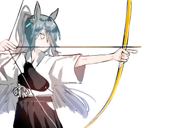 Rule 34 | 1girl, aiming, archery, black hair, black skirt, bow (weapon), commentary, drawing bow, ear tag, earrings, gentil uma suki, glowing, glowing eye, hakama, hakama skirt, high ponytail, highres, holding, holding bow (weapon), holding weapon, index finger raised, japanese clothes, jewelry, kimono, kyuudou, long hair, manhattan cafe (umamusume), muneate, navel, ponytail, short sleeves, simple background, single earring, skirt, solo, symbol-shaped pupils, umamusume, very long hair, weapon, white background, white kimono, yellow eyes, yumi (bow)
