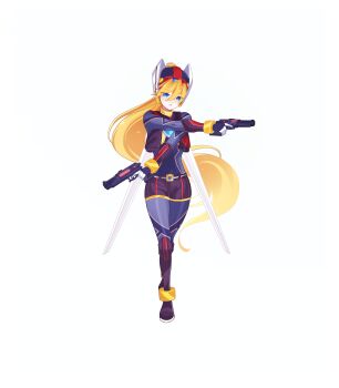 1girl absurdres aizeis alternate_costume armored_boots armored_gloves belt biometal blonde_hair blue_eyes body_armor bodystocking boots chest_jewel ciel_(mega_man) commission commissioner_upload cropped_jacket dual_wielding elbow_gloves energy_gun forehead_jewel full_body gloves gun helmet highres holding holding_gun holding_weapon incoming_attack jacket knee_boots long_bangs long_hair looking_at_viewer mechanical_ears mechanical_wings mega_man_(series) mega_man_zero_(series) mega_man_zx model_a_(mega_man) non-web_source open_clothes open_jacket ponytail shorts sleeveless sleeveless_jacket solo transparent_background weapon wings