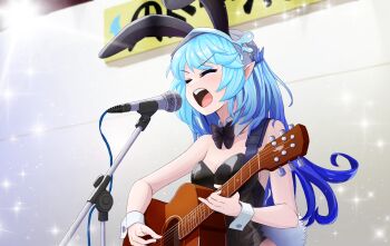 1girl absurdres ahoge alternate_costume animal_ears black_bow black_bowtie black_leotard blue_hair bow bowtie breasts chaojichu_dewutou cleavage closed_eyes colored_tips detached_collar electric_guitar fake_animal_ears gradient_hair guitar haifuyoete_(roco_kingdom) hair_ornament heart heart_ahoge highres holding instrument leotard long_hair medium_breasts microphone microphone_stand multicolored_hair music open_mouth pantyhose playboy_bunny playing_instrument pointy_ears rabbit_ears rabbit_tail roco_kingdom singing solo stage streaked_hair tail wrist_cuffs