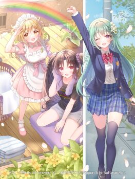 3girls apron arane_(z/x) arm_up bag black_hair black_shirt black_shoes blazer blonde_hair blue_jacket blue_skirt bow bowtie cana_(z/x) copyright_notice cushion dress drill_hair enju_(z/x) feathered_wings flower flower_pot green_hair green_wings grey_shorts hair_flower hair_ornament hair_scrunchie holding holding_bag holding_towel jacket laundry_basket leaf long_hair maid_apron maid_headdress mini_wings multiple_girls official_art one_eye_closed open_clothes open_jacket open_mouth pink_dress pink_petals pink_shoes plaid_clothes plaid_skirt pointy_ears pom_pom_(clothes) pom_pom_hair_ornament print_shirt purple_eyes purple_scrunchie rainbow red_bow red_bowtie red_eyes salute school_uniform scrunchie serino_itsuki shirt shoes shorts sitting skirt socks sparkle split_screen standing towel towel_around_neck twin_drills two_side_up utility_pole wariza white_apron white_shirt white_socks wings wiping_face yellow_eyes yellow_flower z/x zabuton
