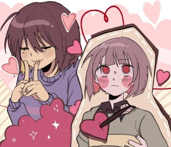 2others animification arrow_through_heart black_shirt blush brown_hair chara_(undertale) closed_eyes closed_mouth collared_shirt colored_inner_hair commentary_request empty_eyes fingernails frisk_(undertale) green_sweater hair_between_eyes hand_up heart heart_background index_finger_raised korean_commentary long_sleeves looking_at_another looking_up lovestruck multicolored_hair multiple_others other_with_other puffy_long_sleeves puffy_sleeves purple_sweater red_eyes red_hair shirt short_hair single_stripe smile sparkle striped_clothes striped_sweater sweat sweater undertale upper_body utdr_(toby_fox) white_background yx_won2