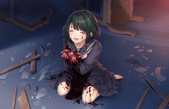 1girl barefoot bleeding blood blood_on_clothes blood_on_face blood_splatter blush closed_eyes cuts full_body game_cg glass_shards green_hair guro highres indoors injury kaguyuzu kuryo_nozomi looking_at_viewer nie_no_hakoniwa non-web_source open_mouth school_uniform serafuku short_hair sitting smile solo uterus