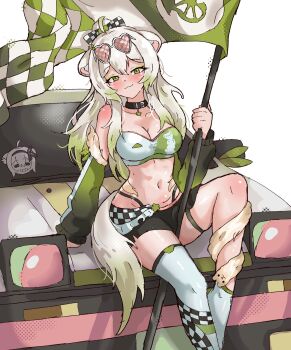 Rule 34 | 1girl, absurdres, ahoge, animal ears, asymmetrical legwear, between legs, black skirt, bow, bra, breasts, car, checkered clothes, checkered flag, choker, cleavage, commentary, ddrawins, detached sleeves, english commentary, eyeliner, ferret ears, ferret girl, ferret tail, flag, gradient hair, green eyeliner, green eyes, green hair, green tail, hair bow, highres, limealicious, long sleeves, looking at viewer, makeup, medium breasts, miniskirt, motor vehicle, multicolored hair, navel, on car, single thighhigh, sitting, skirt, socks, strapless, strapless bra, thigh strap, thighhighs, thighs, two-tone hair, underwear, vinesauce, virtual youtuber, white hair, white tail, white thighhighs
