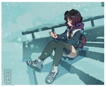 1girl animal_ears black_hair black_thighhighs blood brown_hair commission dog_ears dog_girl dog_tail full_body highres hood injury jacket jesternalagon long_sleeves multicolored_hair original outdoors shoes short_hair sitting sneakers snow snowing solo stairs tail thighhighs white_shoes yellow_eyes