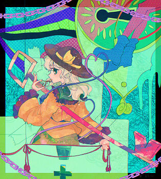 1girl black_hat blood blue_background blue_boots boots bow chain collared_shirt frilled_shirt_collar frilled_sleeves frills green_background green_eyes green_hair hair_over_shoulder hat hat_bow hat_ribbon highres holding holding_key impaled itomugi-kun key keyhole komeiji_koishi long_hair long_sleeves looking_at_viewer ribbon shirt solo third_eye touhou wide_sleeves yellow_bow yellow_ribbon yellow_shirt