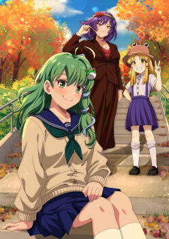 3girls blonde_hair blue_skirt green_eyes green_hair highres kochiya_sanae looking_at_viewer miniskirt moriya_suwako multiple_girls murasaki_tsutsuji purple_hair red_eyes sailor_collar school_uniform short_hair sitting sitting_on_stairs skirt smile stairs sweat touhou v yasaka_kanako yellow_eyes