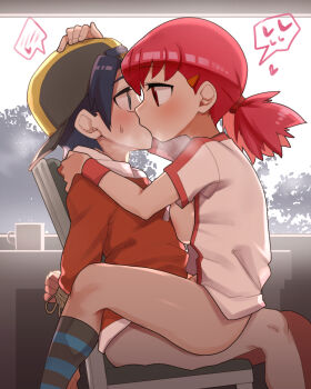 1boy 1girl age_difference black_eyes black_hair black_socks bottomless bound bound_wrists breast_press breasts breasts_out chair commentary_request ethan_(pokemon) eye_contact femdom georugu13 girl_on_top hand_on_another&#039;s_head hat heart hetero highres kiss kodomo_doushi looking_at_another medium_breasts nintendo on_chair onee-shota pokemon pokemon_hgss profile rape red_eyes red_hair red_shirt sex shirt short_hair short_sleeves shota socks spoken_blush spoken_heart steam striped_clothes striped_socks thighs white_shirt whitney_(pokemon) wrists_tied_together yellow_hat