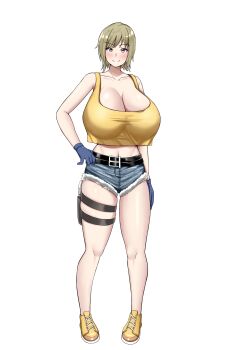 1girl absurdres arm_at_side bare_arms belt blonde_hair blue_gloves blue_shorts blush breasts cleavage closed_mouth commentary_request full_body gloves hand_on_own_hip highres holster huge_breasts linda_rotta looking_at_viewer navel sakurama_(sss_sakurama) shoes short_hair short_shorts shorts simple_background smile solo standing tank_top thigh_holster thighs white_background yellow_shoes yellow_tank_top yellow_wings zombie_revenge
