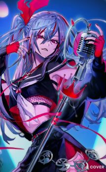 0083_ztzt 1girl alternate_costume black_jacket black_nails black_sailor_collar black_serafuku black_shirt black_skirt breasts commentary_request copyright_name cropped_shirt double-parted_bangs fishnet_top fishnets gloves grey_hair hair_between_eyes hands_up holding holding_microphone hololive hololive_dev_is isaki_riona jacket long_hair looking_at_viewer microphone midriff moon multicolored_hair nail_polish navel neckerchief night night_sky off_shoulder official_art one_side_up outdoors parted_lips partially_unzipped pleated_skirt red_eyes red_gloves red_hair red_nails red_shorts sailor_collar school_uniform serafuku shirt short_shorts shorts shorts_under_skirt side_slit skirt sky small_breasts solo streaked_hair virtual_youtuber white_neckerchief