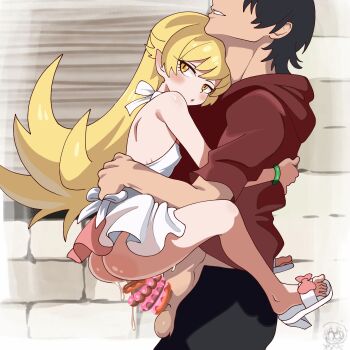 1boy 1girl animated animated_gif araragi_koyomi ass bare_legs bare_shoulders black_hair blonde_hair blush bracelet clothed_sex donut donut_on_penis food food_on_body food_on_penis high_heels hood hoodie jewelry kenmaruart7 large_penis lifting_person loli long_hair monogatari_(series) no_panties oshino_shinobu penis pointy_ears pussy_juice sandals sex smile standing standing_sex suspended_congress tagme testicles toes uncensored vaginal very_long_hair yellow_eyes