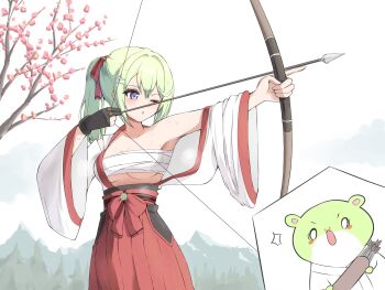1girl :o absurdres armpits arrow_(projectile) artist_request black_gloves blush bow bow_(weapon) branch breasts cherry_blossoms chest_sarashi chico_(yuzuha_riko) commentary_request commission concentrating cowboy_shot creature day double-parted_bangs drawing_bow gloves green_hair hair_intakes hair_ornament hair_ribbon hairclip hakama hakama_skirt highres holding holding_bow_(weapon) holding_weapon japanese_clothes korean_commentary kosode large_breasts mountainous_horizon multicolored_hair one_eye_closed open_clothes outdoors parted_lips partially_fingerless_gloves ponytail purple_eyes quiver red_bow red_ribbon red_skirt ribbon sarashi second-party_source single_glove skirt sky standing stellive streaked_hair sweat virtual_youtuber wardrobe_malfunction weapon white_sky yuzuha_riko