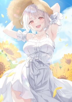 1girl armpits arms_up bare_shoulders blue_sky blush breasts cleavage cloud collarbone commentary_request dress field flower flower_field hat highres large_breasts looking_at_viewer open_mouth original outdoors red_eyes short_hair sky smile solo straw_hat sun_hat sundress sunflower sunflower_field white_dress white_hair yusuka_yuu
