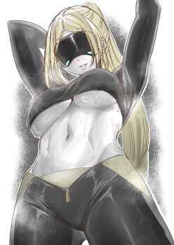 1girl abs absurdres belly blonde_hair breasts from_below highres large_breasts long_hair looking_down mask navel open_mouth pants ponytail simple_background smile steam sunoyukey sweat trigger_(zenless_zone_zero) underboob white_background zenless_zone_zero