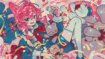 absurdres animal_ears cake cake_slice confetti food fork green_eyes highres holding holding_stuffed_toy jacket minjye original party_popper pink_hair ribbon streamers stuffed_animal stuffed_toy teddy_bear thighhighs