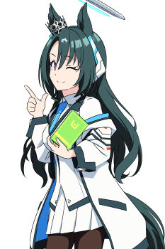 1girl absurdres animal_ears baasaku_(balasaku24) blue_archive blue_necktie book breasts closed_mouth collared_shirt cosplay ear_ornament ear_through_crown green_hair hair_between_eyes halo highres holding holding_book horse_ears horse_girl horse_tail jacket long_hair long_sleeves looking_at_viewer mechanical_halo medium_breasts multicolored_hair necktie noa_(blue_archive) one_eye_closed open_clothes open_jacket pantyhose pleated_skirt purple_eyes satono_crown_(umamusume) shirt simple_background skirt smile solo streaked_hair tail umamusume white_background white_hair white_jacket white_shirt white_skirt